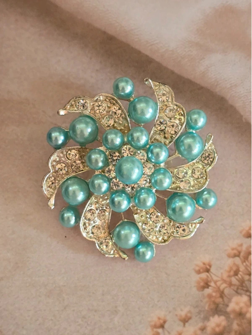 Vintage Aqua Blue Faux Pearl & Clear Rhinestone Floral Burst Brooch Pin